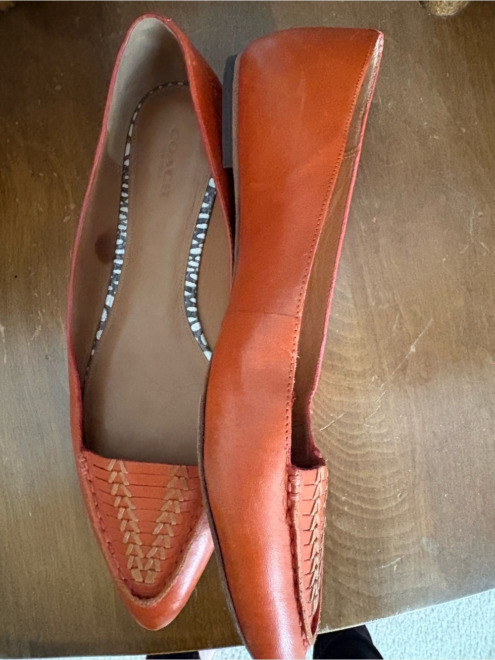 Coach Orange Leather Pointed Woven-Trim Flats - Picture 2 of 3